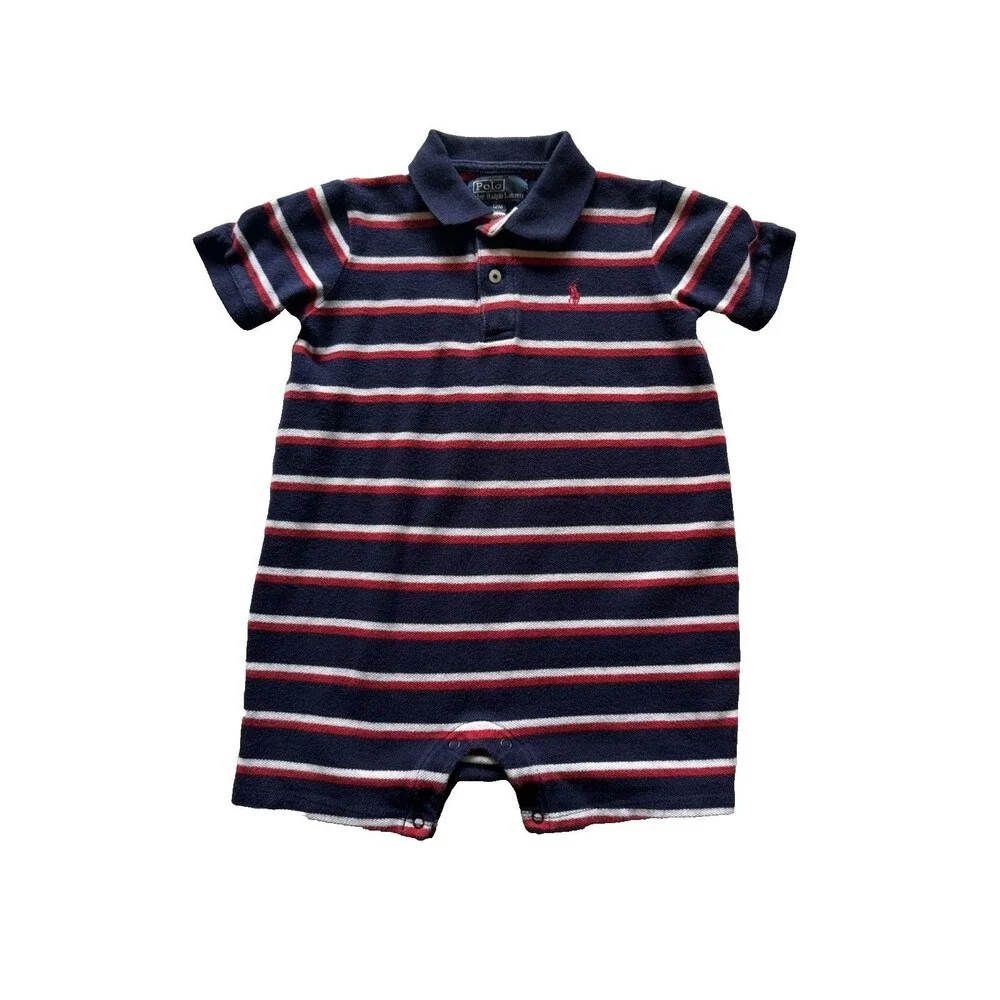 Ralph Lauren Baby Polo Short Sleeve Romper Size 12M Navy Red Stripe
